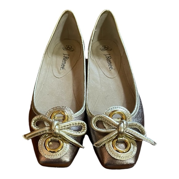 J.Renee Edie Metallic Leather Square Toe Bow Dress Flats. Color Taupe/Gold. 7M - Picture 8 of 11